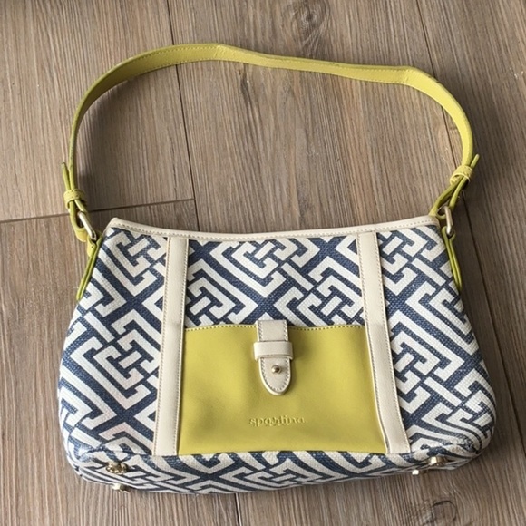 Spartina 449 Linen and Leather Yellow and Blue Shoulder Bag - Picture 1 of 9
